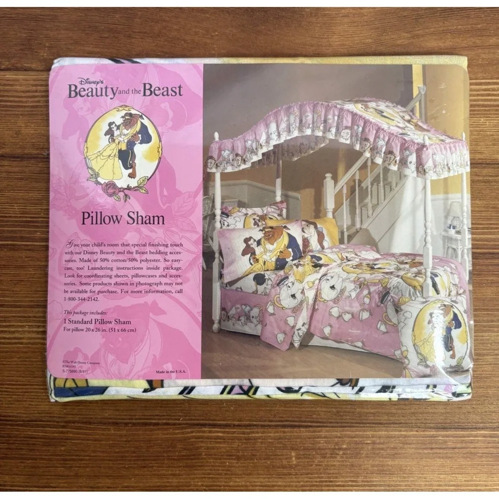 Vintage Disney Beauty and the Beast Standard Pillow Sham Pink New in Package USA
